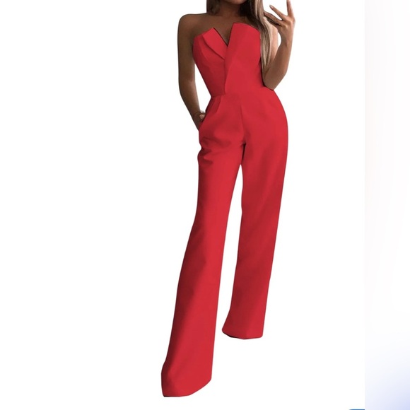 Elegant Red Strapless Jumpsuit wide leg chime size M pocket zipper - Picture 1 of 15